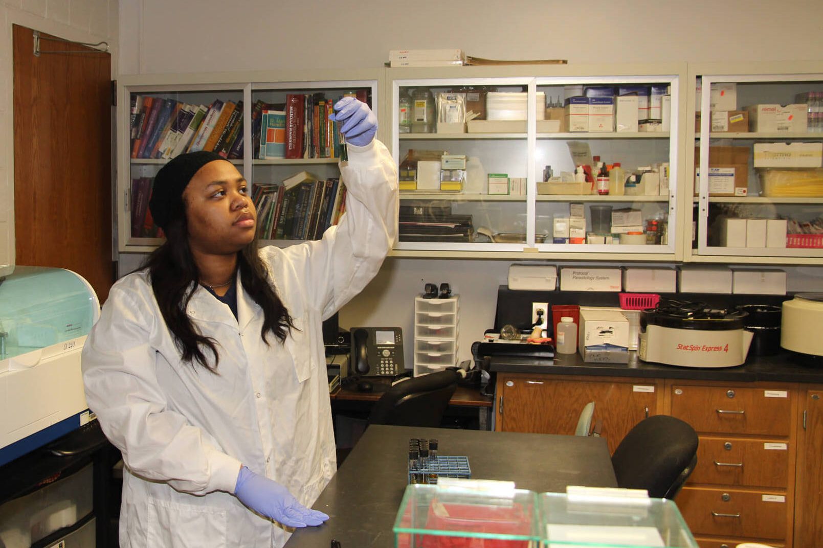 Southwestern Illinois College medical lab technician students work on a practical lab exercise.